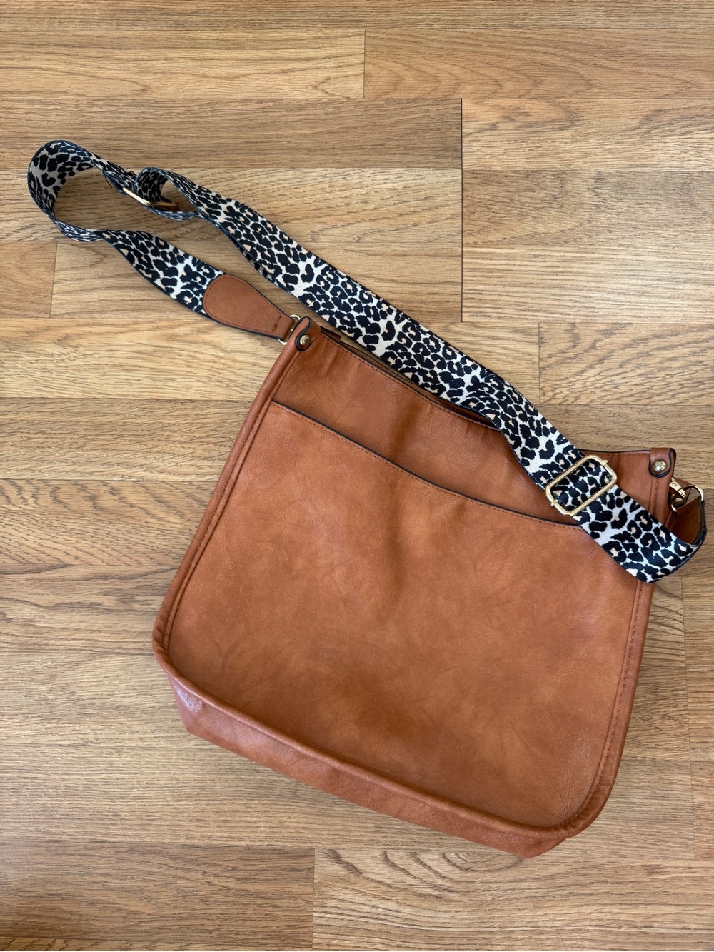 Tan Leather Crossbody Bag with Leopard Print Strap